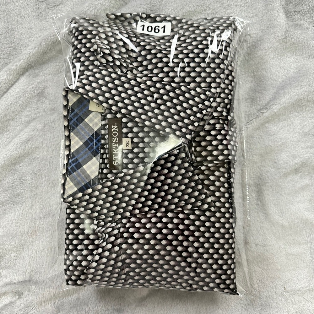 Stetson Western Pearl Snap Shirt Mens 2XL Black White Geometric Diamond Cowboy - Picture 9 of 9